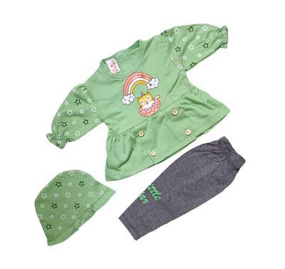 3Pcs Baby Girl Cotton Printed Frock And Trouser Set