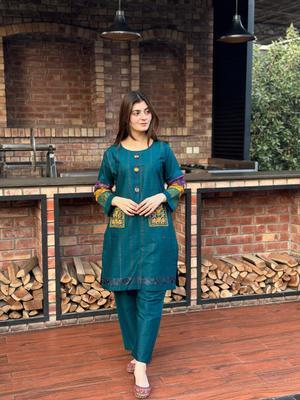 2 Pcs Women's Stitched Cotton Printed Shirt And Trouser