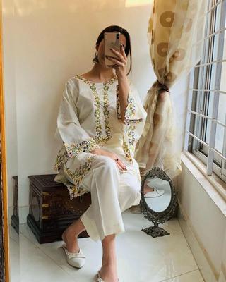 2 Pcs Women's Stitched Khaadi Net Embroidered Shirt And Trouser