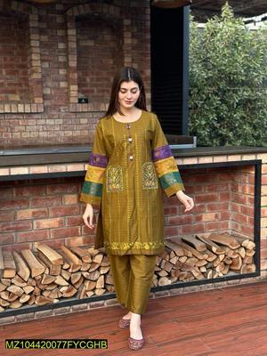 2 Pcs Women's Stitched Cotton Embroidered Shirt And Trouser