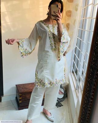 2 Pcs Women's Stitched Khaadi Net Embroidered Shirt And Trouser