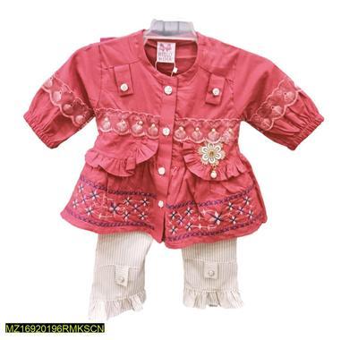 Baby Girl's Cotton Embroidered Frock And Trouser Set