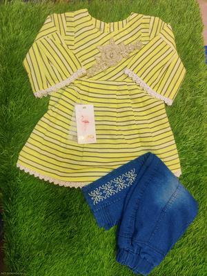 2 Pcs Girl's Cotton Lawn Embroidered Shirt And Denim Pants Set