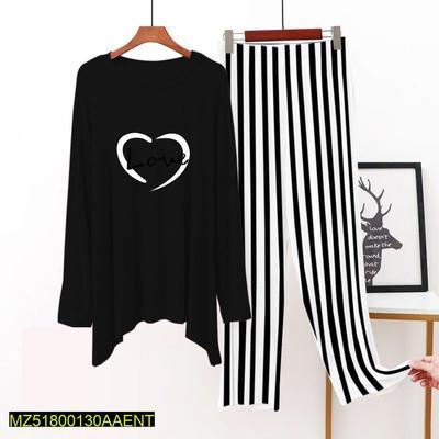 2 Pcs Women's Stitched Jersey Printed Sleepwear, Black Heart