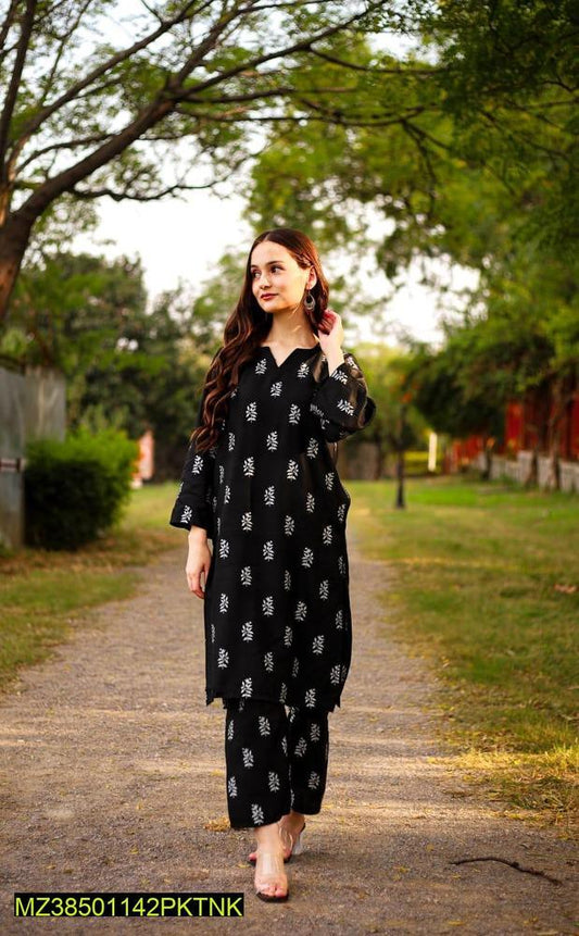 2 Pcs Women's Stitched Linen Printed Suit