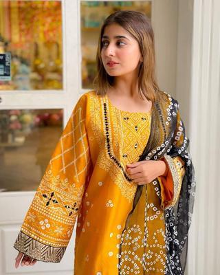 3 Pcs Women's Stitched Katan Silk Printed Suit