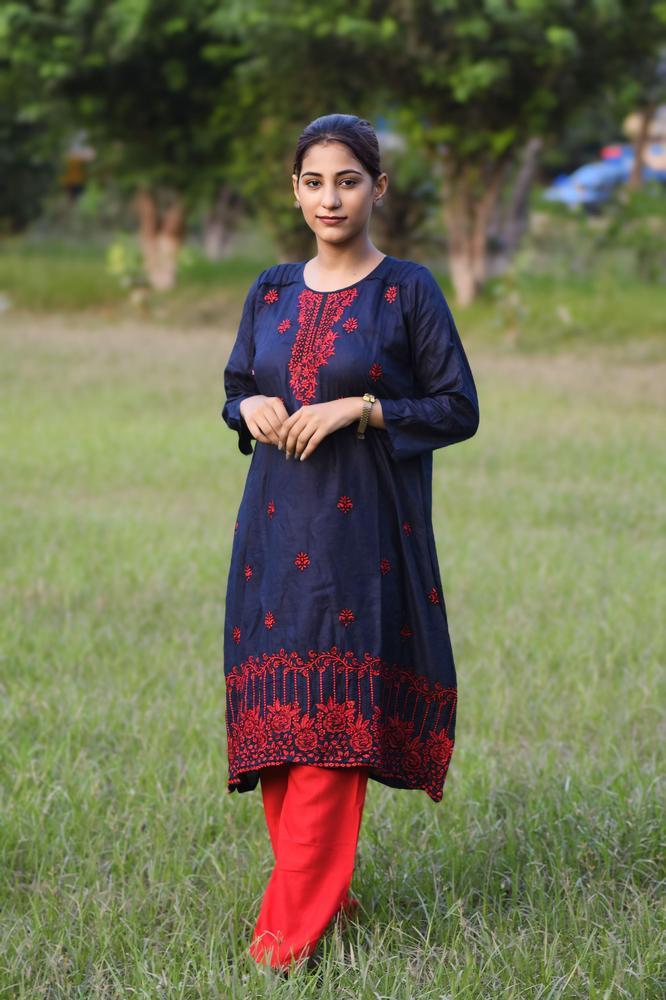 2 Pcs Women's Stitched Cotton Embroidered Shirt And Trouser