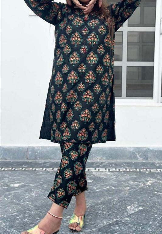 2 Pcs Women's Stitched Linen Printed Suit