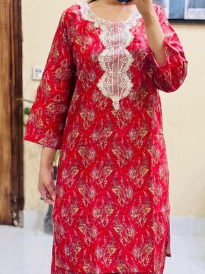 2 Pcs Women's Stitched Lawn Embroidered Shirt And Trouser