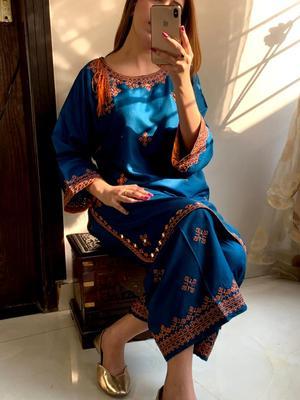 2 Pcs Women's Stitched Lawn Embroidered Shirt And Trouser - Blue