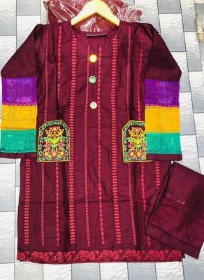 2 Pcs Women's Stitched Cotton Embroidered Shirt And Trouser