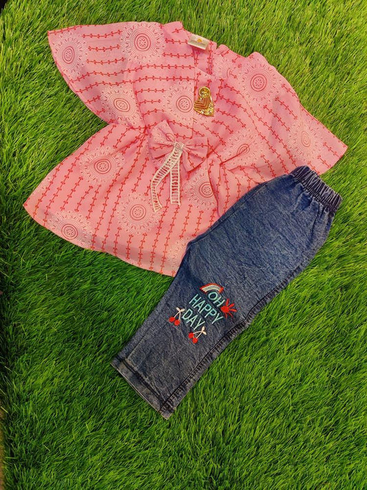 Baby Girl's Chiffon Shirt And Denim Trouser Set -