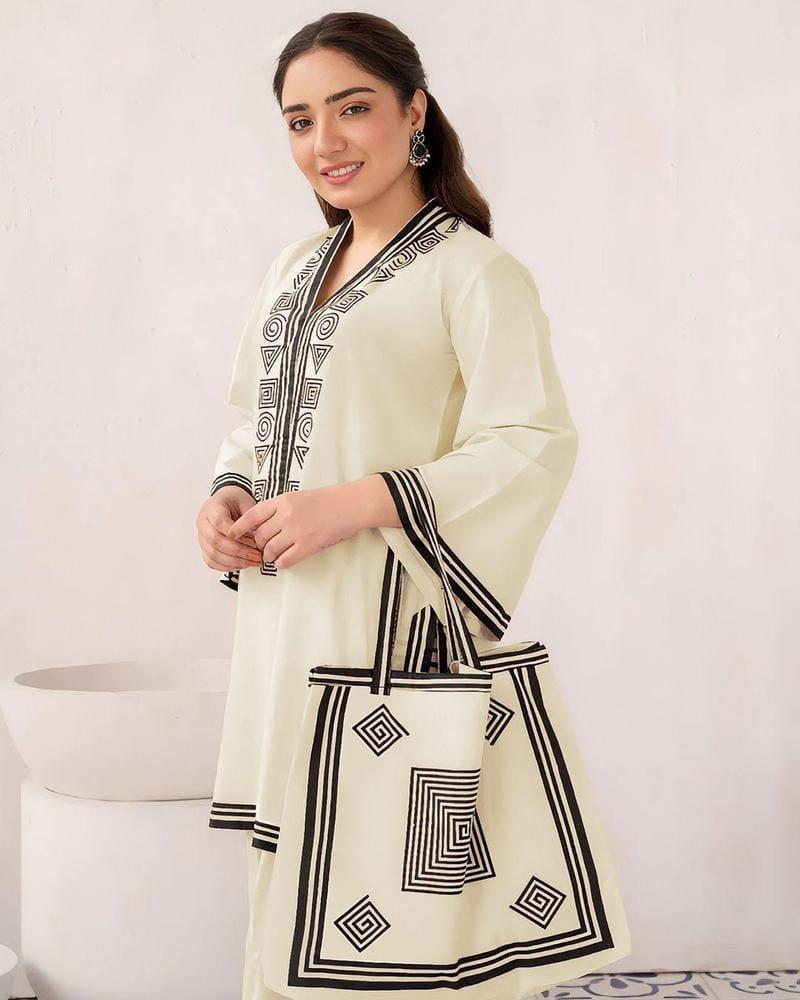 3 Pcs Women's Stitched Linen Printed Suit With Bag