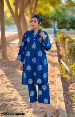 2 Pcs Women's Stitched Linen Printed Suit