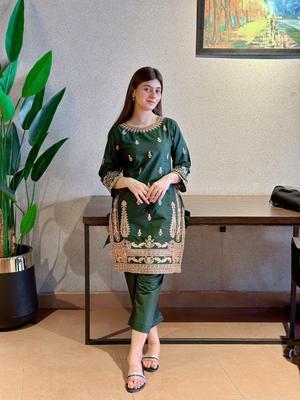 2 Pcs Women's Stitched Cotton Embroidered Shirt And Trouser