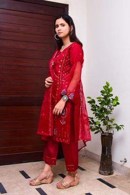 3 Pcs Women's Stitched Fancy Organza Embroidered Suit