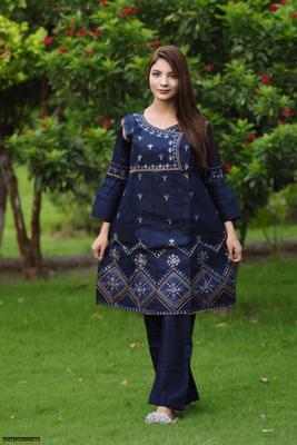 2 Pcs Women's Stitched Cotton Embroidered Shirt And Trouser