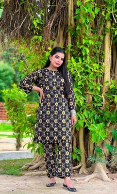 2 Pcs Women's Stitched Linen Block Printed Shirt And Trouser