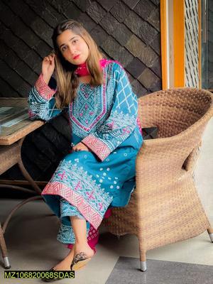 3 Pcs Women's Stitched Silk Embroidered Suit