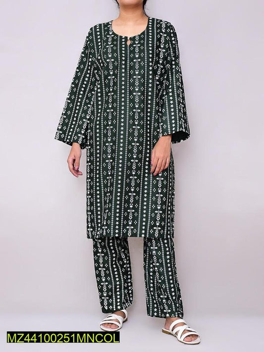 2 Pcs Women's Stitched Linen Printed Suit