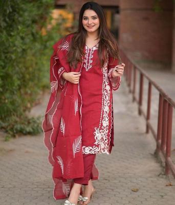 3 Pcs Women's Stitched Organza Ari Work Suit - Red