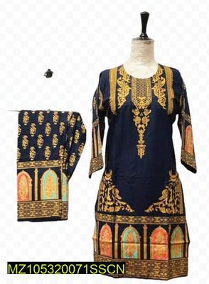 2 Pcs Women's Stitched Arabic Linen Block Printed Suit