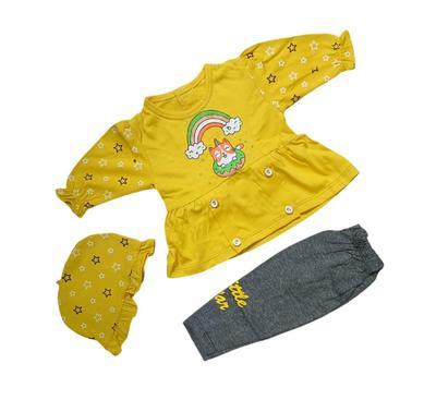 3Pcs Baby Girl Cotton Printed Frock And Trouser Set