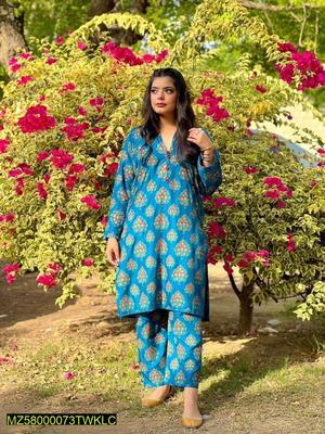 2 Pcs Women's Stitched Linen Printed Suit