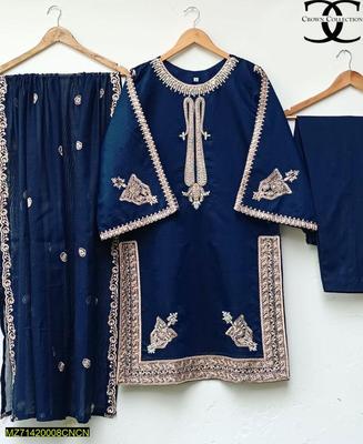 3 Pcs Women's Stitched Shamoz Silk Embroidered Shirt And Trouser