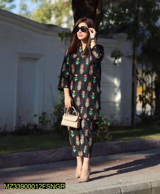 2 Pcs Women's Stitched Linen Printed Suit