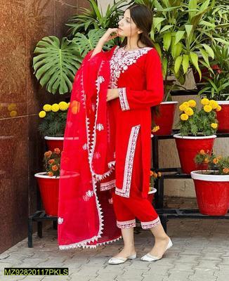 3 Pcs Women's Stitched Organza Embroidered Suit