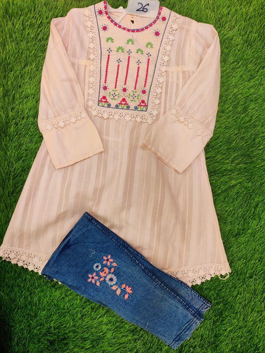 Girl's Cotton Embroidered Shirt And Jeans Set