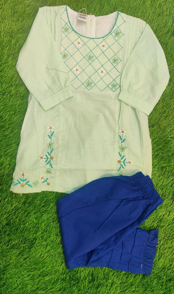 2 Pcs Girl's Cotton Lawn Embroidered Shirt And Trouser Suit