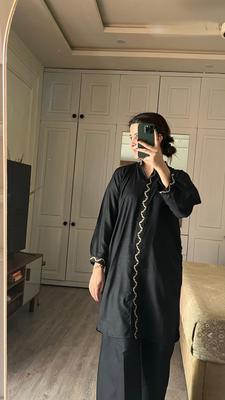 2 Pcs Women's Stitched Arabic Linen Plain Shirt And Trouser