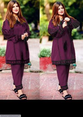 2 Pcs Women's Stitched Katan Silk Embroidered Shirt And Trouser