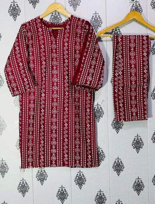 2 Pcs Women's Stitched Linen Printed Suit