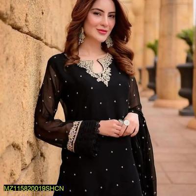 3 Pcs Women's Stitched Chiffon Embroidered Suit