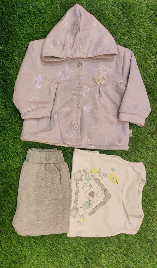 3 Pc Baby Girl Fleece Frock And Trouser Set