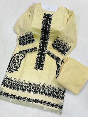 2 Pcs Women's Stitched Paper Cotton Embroidered Shirt And Trouser