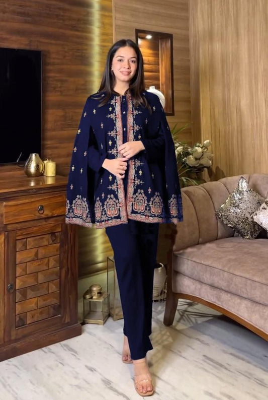 2 Pcs Women's Stitched Katan Silk Embroidered Short Cardigan Gown