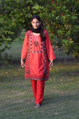 2 Pcs Women's Stitched Cotton Embroidered Shirt And Trouser