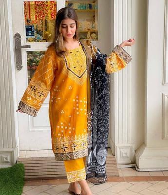 3 Pcs Women's Stitched Silk Embroidered Suit