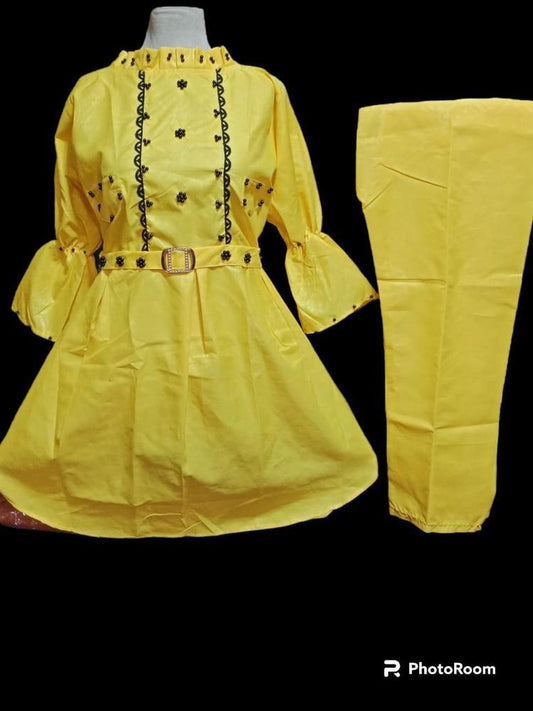 2 Pcs Women's Stitched Cotton Plain Frock - Yellow