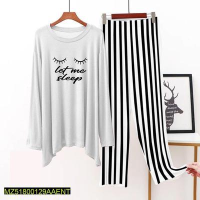 2 Pcs Women's Stitched Jersey Printed Sleepwear, White LMS