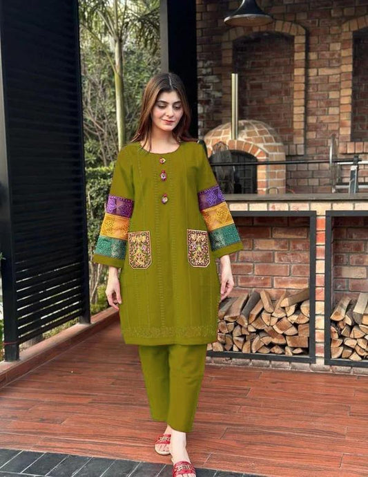 2 Pcs Women's Stitched Cotton Embroidered Shirt And Trouser