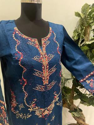 2 Pcs Women's Stitched Cotton Embroidered Shirt And Trouser