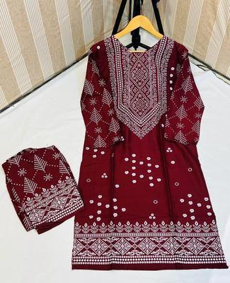 2 Pcs Women's Stitched Arabic Lawn Printed Shirt And Trouser