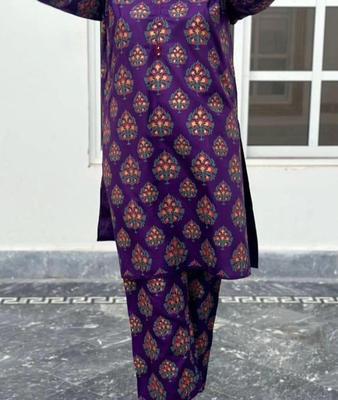 2 Pcs Women's Stitched Arabic Linen Printed Shirt And Trouser