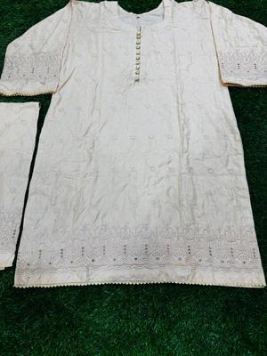 2 Pcs Women's Stitched Chikankari Embroidered Shirt And Trouser