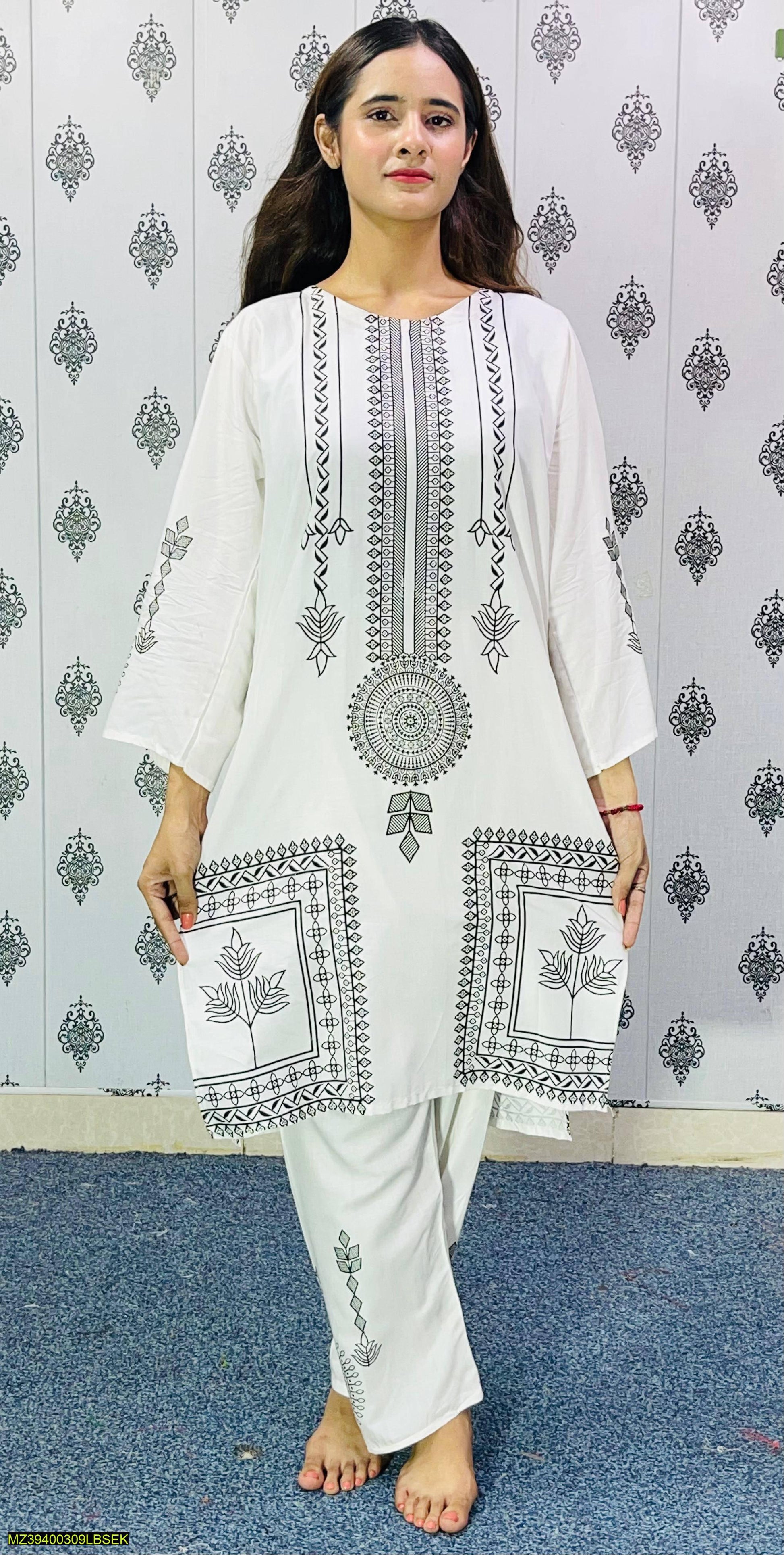 2 Pcs Women's Stitched Linen Printed Suit